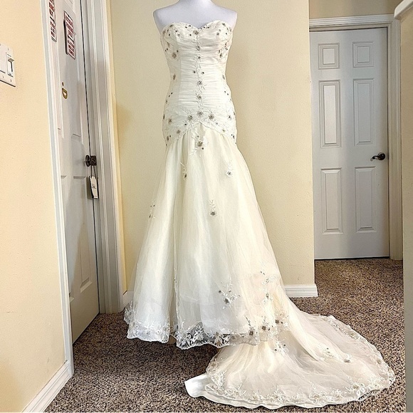 Light Champagne Mermaid Wedding Dress Lace sequin embroidered Fishtail size XS - Picture 2 of 12